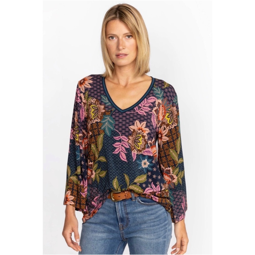 Johnny Was NWT Floral‎ Patchwork V-Neck Bamboo Top Small Teal T13523-6 Women